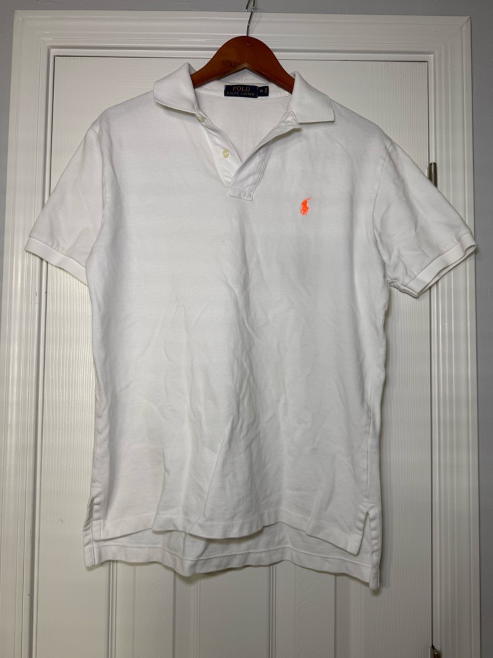 Polo Ralph Lauren Men's size Medium Solid White Polo Shirt Neon Orange Pony